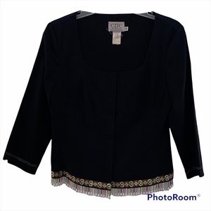 Vintage Colorful Beaded Trim Hidden Button Front Black Blazer Shirt